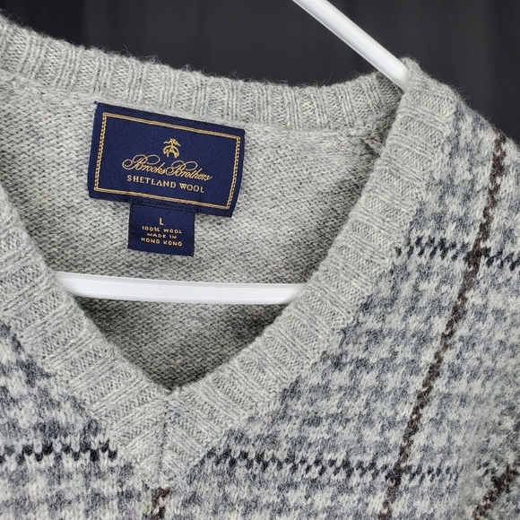 Vtg Brooks Brothers 90s Shetland Wool Sweater Mens Large Gray V-neck Houndstooth - Picture 8 of 9